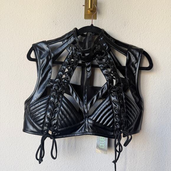 NWT New Club Exx Black Harness Cut Out Lace Up Bra Top Size XL - Picture 2 of 6